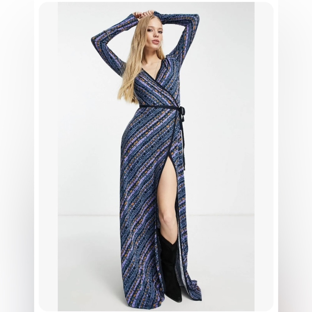 NWT $168 Free People Phoebe Wrap Long Sleeve Maxi Dress in Blue Combo